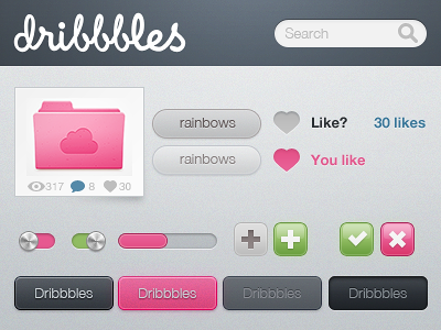 Dribbbles, just for fun of it blue button download dribbble dribbbles free fun green grey heart interface like metal pink psd rainbows switch tabs