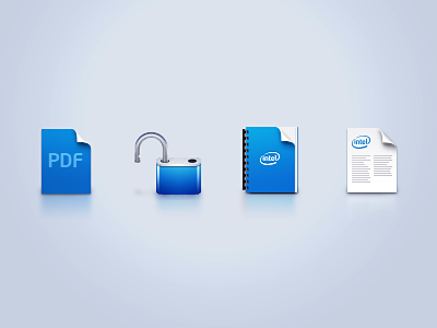 Intel: Various icons blue book booklet icon intel manual padlock pageflip pdf text