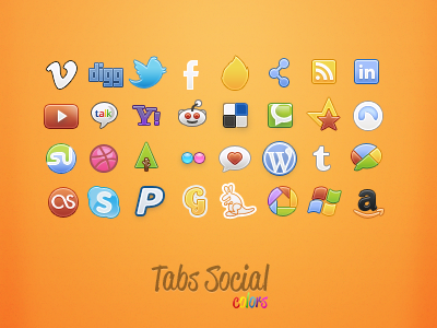Tabs Colors: Social amazon browser colors delicious digg dribbble ember facebook feed forrrst gowalla grooveshark icons linkedin media network orange rainbow reddit social solid sticker stumbleupn tabs twitter vimeo yahoo youtube