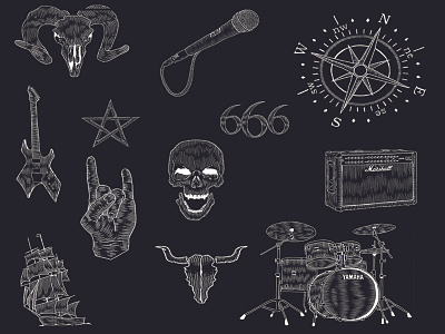 Metalhead black white design festival illustrations metal music skull