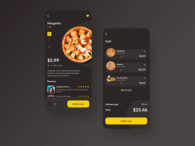 Pizza Delivery Mobile App Concept android app design apple application cart concept dark ui delivery dribbbleinvite interaction invite mobile mobile ui modern pizza product page testimonials typography ux yellow