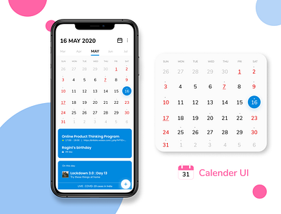 Calendar UI Concept app blue caleneder circle daily 100 challenge dailyui date design dribbble best shot dribble icon interaction interface minimal pink ui uidesign uiux uiuxdesign ux