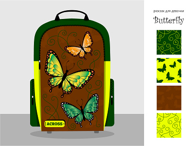 "Backpack with butterflies". Vector illustration. art backpack butterfly children design flat graphic illustration illustrator kids prints school vector