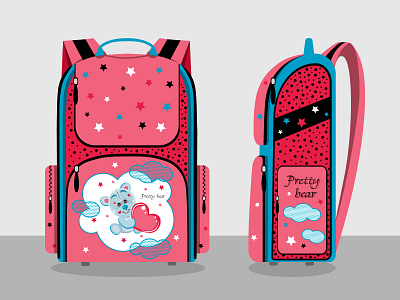 "Backpack with teddy bear". Vector illustration. art backpack bag bear children design flat heart illustration kids pink school star vector