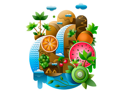 "Fruit landscape". Vector illustration. art design fantasy flat fruit grain graphic illustration illustrator island palm paradise vector waterfall