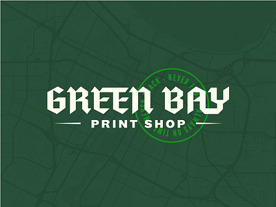 Green Bay Print Shop 3 bay blackletter cream green lockup print seal shop type typeset