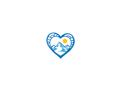 Love mountain blue flat heart logo logotype love mountain sun vector