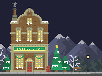 Christmas Village builder building christmas coffee illustration mountain scene snow tree vector winter