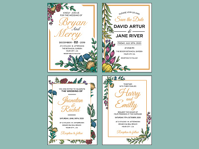 Wedding invitation card set with beautiful floral and leaves
