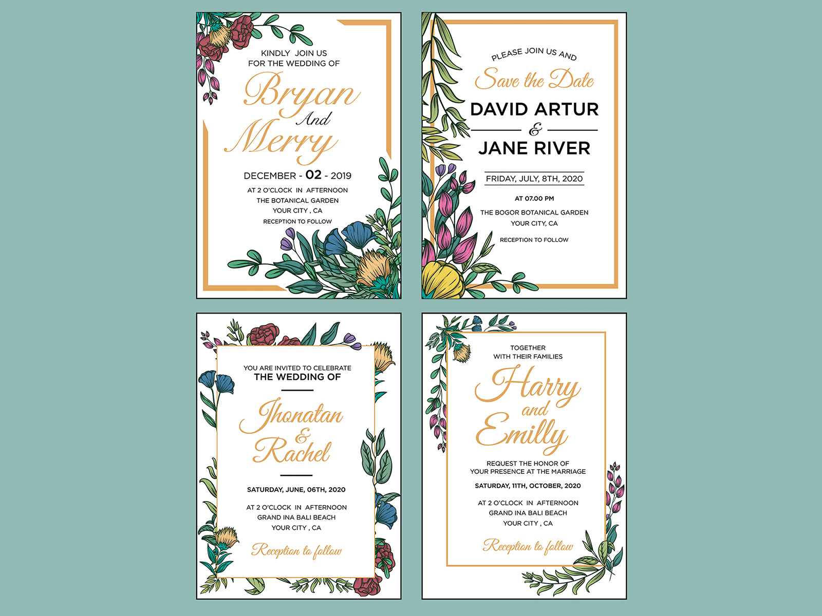 Wedding invitation card set with beautiful floral and leaves by Hustler ...