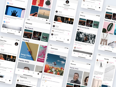 Social App UI Kits - Light Mode androiddesign app appdesign designsystem discover explore feed iosdesign post profile search social socialmedia uikits