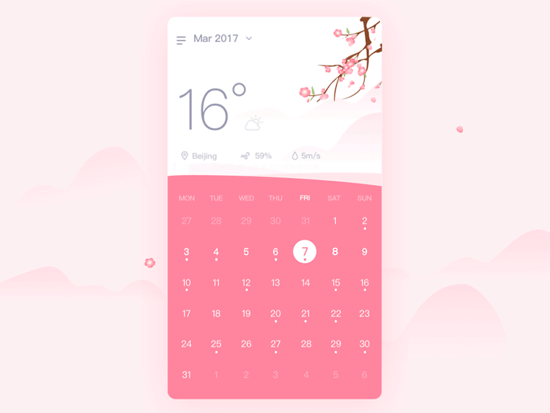 Calendar gif blossom calendar colour peach petal pink schedule sketch ui weather