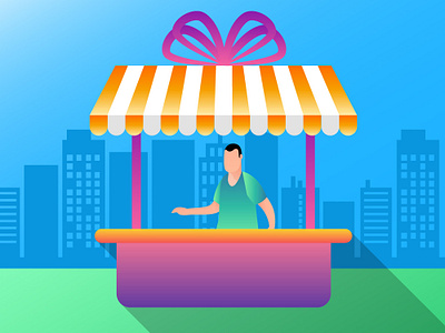 shopkeeper with gift local shop city day background building business character city colorful day dribbble gift gradient grass green blue illustraion man sell seller shadow shop shopkeeper shopping sky