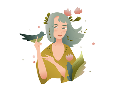 Girl with green hair bird curls curly flat girl green illustration portrait spring vector