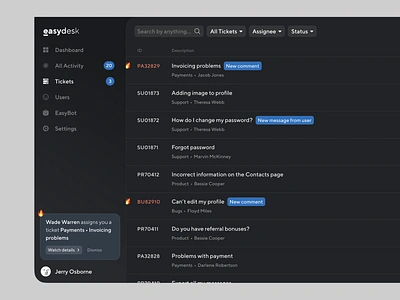 EasyDesk Support, Feedback - Tickets app clean dark dark mode data design desk easy help help desk helpdesk interface minimal support table tickets web