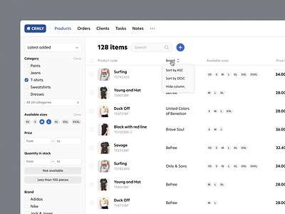 CRM — Table Filter admin app catalog crm customer relationship manager details drawer filter goods interface minimal popup product saas sales sorting statistic stock table web