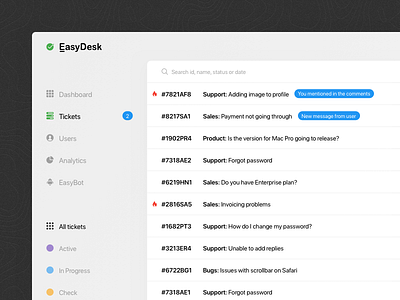 EasyDesk Support, Feedback - Tickets app clean data help desk helpdesk minimal support table tickets ui ux web