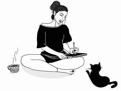 Leisure blackandwhite brewing bun cats drawing girl character hair hotcup illustraion illustration illustrator pets