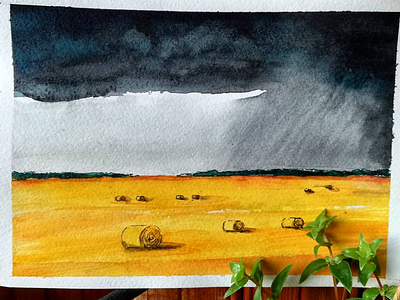 Watercolor storm in steppe illustration landscape steppe storm traditional art ukraine watercolor