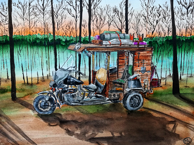Real travel monster art on paper bike drawing motorbike traditional art trike trike motorbike watercolor