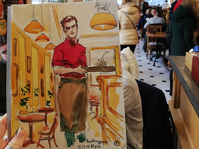 boulangerie 🥐 drawing kyiv original art quicksketch small format traditional art urbansketch waiter watercolor