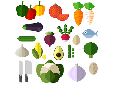 Flat vegetables icons set