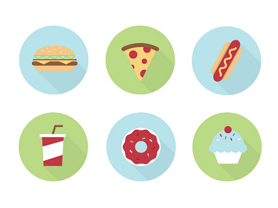 Food Icons pt2 burger cake dog donut dougnut flat food hot icons pizza soda