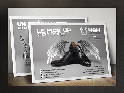 2-sided locksmith and shoe mender flyer advertising business company corporate flyer keyhole keys leather treatment lock locked doors locksmith photomanipulation photomontage pickup promotion promotional ad services shoe shoe mender shoe repairing