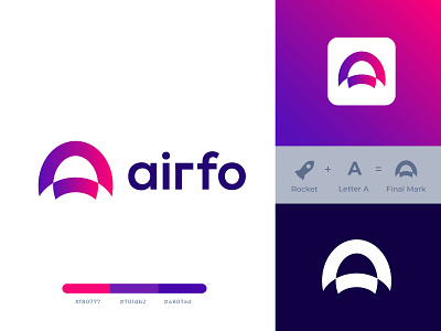 airfo a letter logo airline airplane brand identity brand mark branding concept design creative logo freelance gradient hire logo designer logo mark monogram logo proffesional logo rocket search technology travel