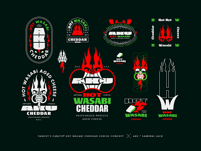 Aku's Hot Wasabi Cheese brand identity branding cheddar cheese design devil hot icon illustration logo mark red seal stamp