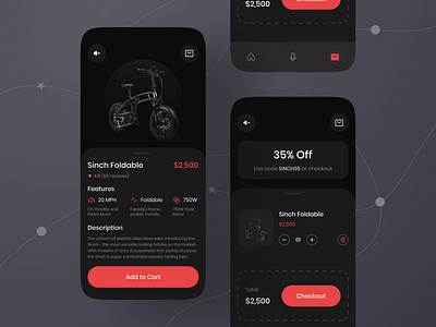 Electric Bike Shop UI 0.2 app design bike shop cart clean ui dark mode dark ui ecommerce ecommerce app electric bike inspiration mobile app mobile app design mobile design mobile ui modern ui product page trendy design ui uiuxdesign ux