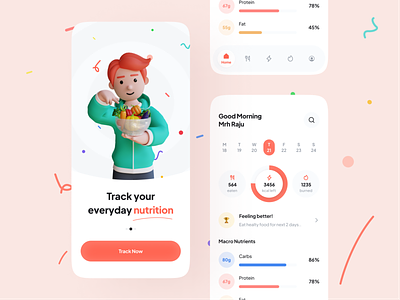 Nutrition Tracker 3d character 3d illutration mobile design mobile ui ui uiux design healthy life assistant app health assistant activity tracking application rinex minimalist minimal design health tracker protein diet calories nutrition nutrition tracker