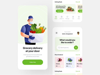 Grocery Delivery add to cart application food food delivery fruit grocery grocery app grocery store minimal mobile design mobile ui order grocery order list order now popular design popular shot product design uidesign uiux inpiration vegetable