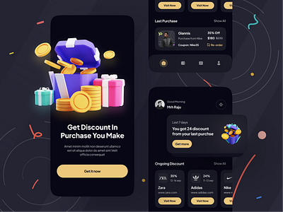 Dicount Finder App application cashback concept coupon coupon find app dark mode discount discount app e commerce e commerce app find discount minimal design mobile app mobile app design mobile design mobile ui modern design online shopping shopping