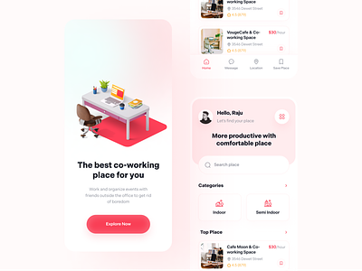 Co-Working Place 3d illustration application cafereria concept design coworking coworking place find place illutration interface design kit8 kit8 illustration location minimal design minimalist mobile app mobile app design onboarding user interface ux design working place