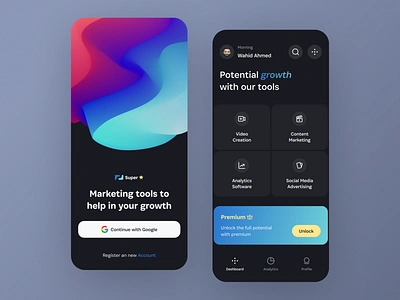 Super⭐ app design clean design dark theme design marketing marketing tools minimal design minimalist mobile app design mobile design mobile ui paid marketing seo ui design ui ux design user interface