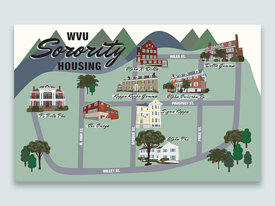 WVU Sorority Housing adobe illustrator houses illustrated map illustration map procreate