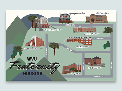WVU Fraternity Housing adobe illustrator houses illustraion illustrated map map procreate