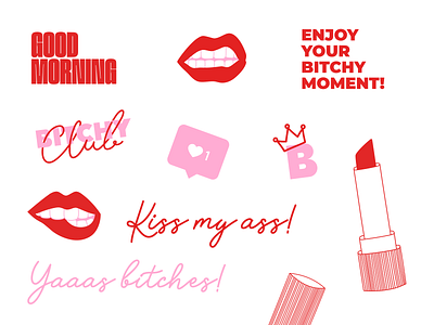 Bitchy Club brand assets bitchy branding branding design handwritten icon illustration lips lipstick logo pinkred rosé typography wine woman women