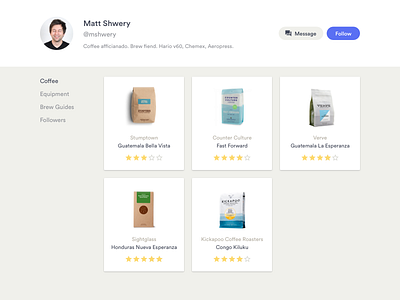 Daily UI #006 – User Profile brews coffee light minimal profile ranking ratings roasters social user