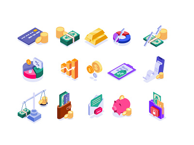 Financial Things Isometric Icons bank coins design finance financial graphic design graphics illustration isometric minimalism monetery money vector