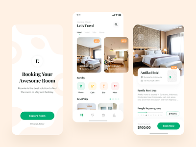 Roomie Mobile App Exploration app booking card clean color concept dashboard green hotel hotel booking minimal mobile room search startup travel ui ux