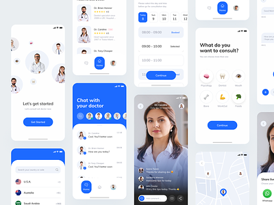 Doctor Consultation UI KIT consultation consulting doctor doctor app doctors ios live stream live streaming login screen login with number map mobile mobile app mobile design mobile ui number share signup startup ui kit