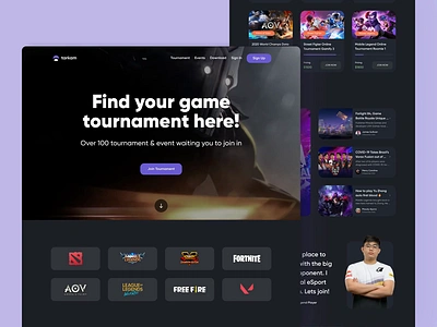 Tournament eSport Landing Page Exploration animation animations bootstrap card dark mode dark theme events game gaming landing page landing pages landingpage tournament tournaments tourney ui design website website concept website design websites