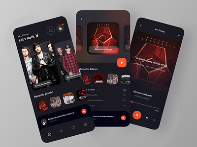 Rock Music Player Mobile App Exploration 🤘 audio audio player card dark mode dark theme dark ui karaoke mobile mobile app mobile app design mobile design mobile ui music music app music player orange record rock and roll startup ui