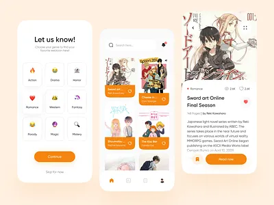 Comic Mobile App Exploration app cartoon color comic comic book comics concept ios manga mobile mobile app mobile ui on boarding orange read read more reading app skip wattpad webtoon