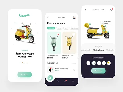 Vespa Store Mobile Exploration accessories bike ride configuration configurator detail page details mobile mobile app mobile app design mobile design mobile ui motorbike motorcycle motorcycles navbar online shop online store product store vespa