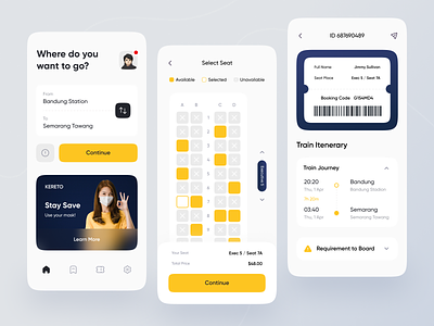 Train Booking App 🚂 app banner booking booking app home screen ios mobile mobile app mobile apps product seat select seat ticket ticket app ticket booking tickets train train app travel yellow