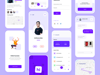 Hi Service App Exploration | Continue android app app design apple apps care chat clean fintech help ios layout minimal mobile purple service startup ui ui kit uiux