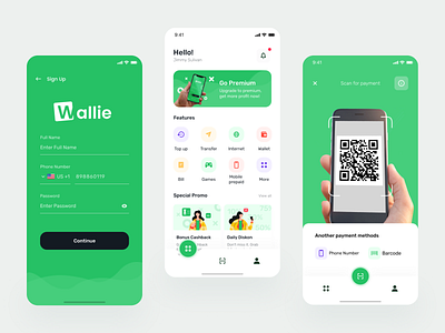Wallie Digital Wallet android apple apps bank clean finance fintech green mobile mobile app money pay payment qr code startup top up ui ux wallet wallet app